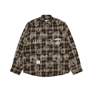 Aape联名NOMANUAL男装爆裂字母印花做旧毛边格纹衬衫9776XAP