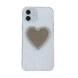 水钻爱心镜面适用于iphone15手机壳16proMAX透明苹果13直边保护套14plus补妆镜子12简约17Air手链挂绳防摔女