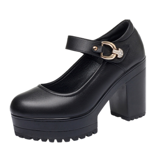 旗袍模特走秀鞋软底软皮高跟鞋厚底防水台单鞋真皮鞋圆头粗跟女鞋