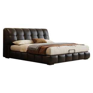 政府补贴黑色真皮床现代简约奶油风电动高箱平移储物主卧双人床