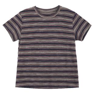 ODonedu美式复古条纹体恤圆领正肩短袖T恤女小个子短款半袖打底衫