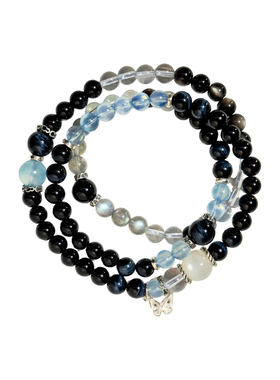 女生天然黑曜石海蓝宝多圈手链
