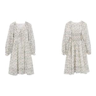 PIT长袖V领印花小碎花连衣裙收腰显瘦2025春夏新款百搭设计感