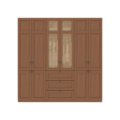 政补实木分段式衣柜复古藤编组合柜子现代简约卧室家用收纳大衣橱