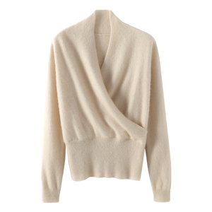 秋冬新款交叉v领100%羊绒衫毛衣女宽松外穿复古裹胸羊毛打底上衣