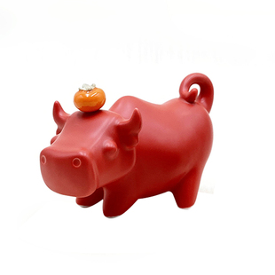 牛柿牛市红色开运生肖本命股市金融吉祥物炒股操盘财神陶瓷牛摆件