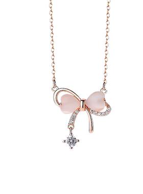 s925纯银心形猫眼石蝴蝶结项链女轻奢小众情人闪钻吊坠锁骨链百搭