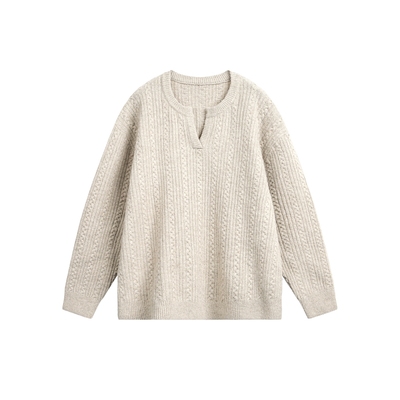 套头粗线V领绞花针织毛衣