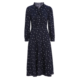 马天奴女装春夏新款藏青色印花系带花边领连衣裙子收腰长袖气质女