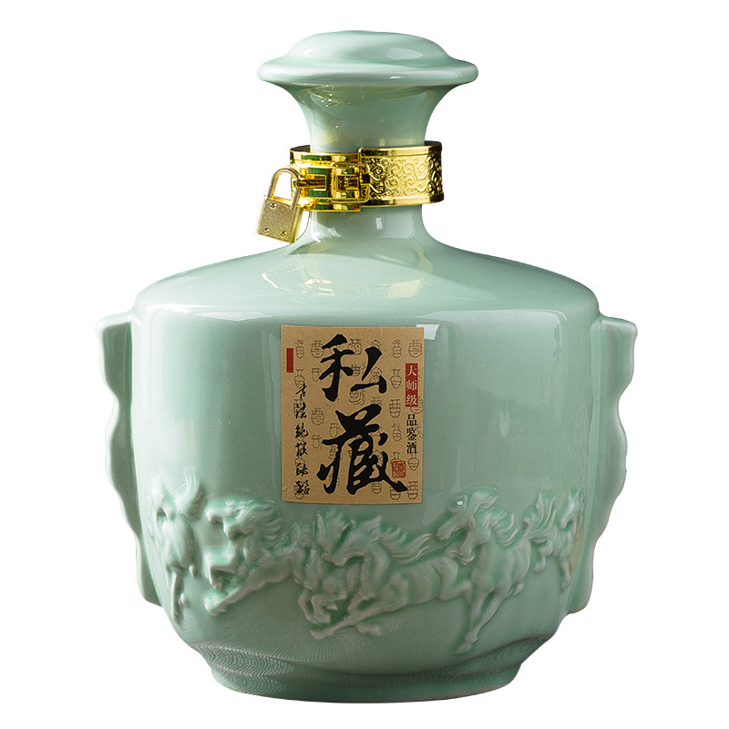 特色陶瓷酒瓶3斤5斤带木盒青釉八骏马家用密封酒坛泡酒缸酒罐