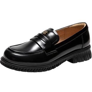 千百度漆皮厚底乐福鞋女百搭气质新款黑色小皮鞋通勤增高深口单鞋