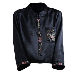 重磅真丝t恤女2025夏新款大码短袖刺绣纯色桑波缎100%桑蚕丝上衣