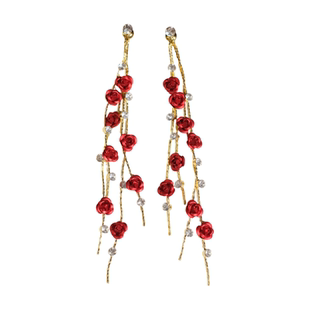 《炽热浪漫》复古优雅酒红色玫瑰花朵长流苏耳环耳钉耳夹圣诞新年