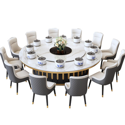 酒店餐桌岩板火锅桌子电磁炉一体带电动转盘2米3米商用20人大圆桌