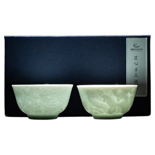 敦煌月华双辉影青龙凤对杯浮雕高端茶具礼品结婚新婚礼物伴手礼