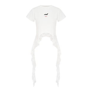 艾米同款Liilou  手绘腊肠狗 不规则蕾丝飘带正肩短袖T恤