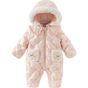 戴维贝拉新生儿羽绒爬服保暖新款冬装女宝宝婴儿衣服外出连体衣