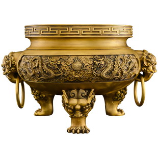 铜香炉黄铜家用室内上香供奉供佛财神爷双龙三足香炉大口径大号