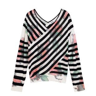 Desigual26春夏新品宽松黑白条纹撞色花朵印花v领长袖女式针织衫