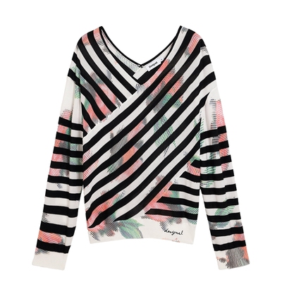 Desigual26春夏新品宽松黑白条纹撞色花朵印花v领长袖女式针织衫