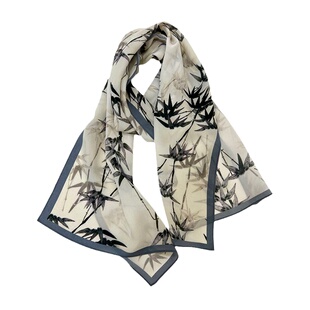 限定版水墨竹！国风双绉真丝领巾长条丝巾女春秋薄款围巾披肩两用