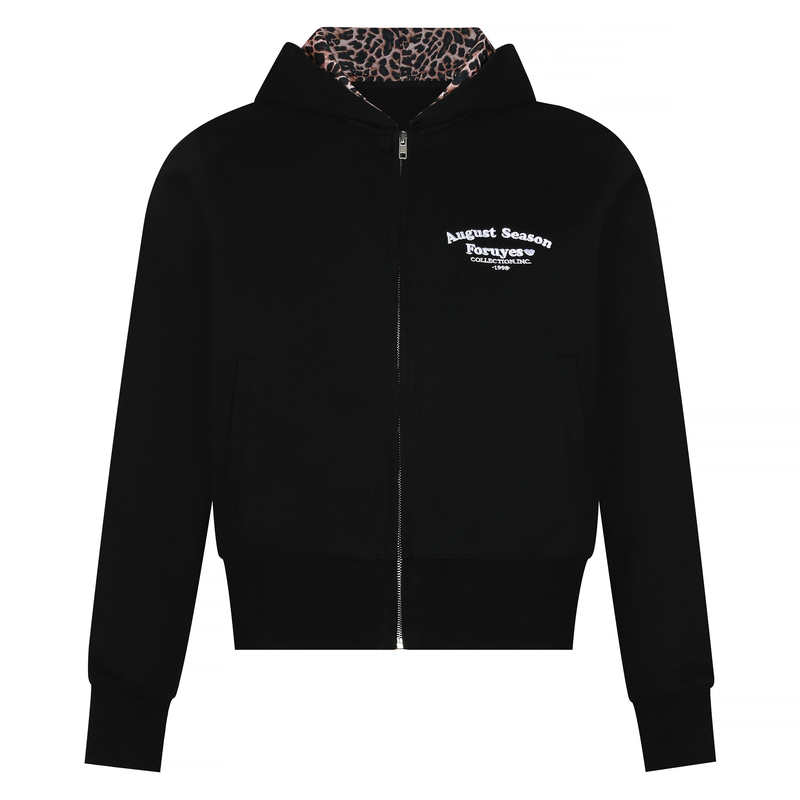FORUYES官方店 标语刺绣豹纹内衬印花恶魔猫耳朵连帽拉链帽衫外套