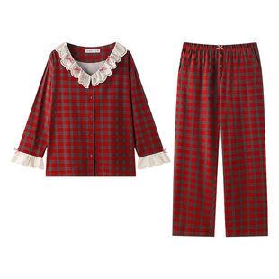 贝妍新婚情侣睡衣女款春秋季甜美新年家居服复古格子男士开衫套装