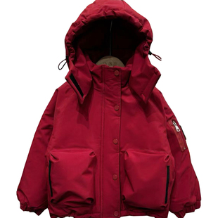 儿童加绒加厚棉服红色外套男童派克服新款冬季棉衣童装冬装拜年服