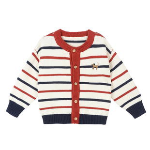 小O爸男婴童 宝宝毛衣男童秋冬季2025新款婴儿条纹开衫外套