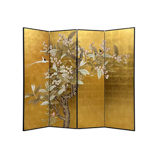 中式国风手绘金箔枇杷花鸟中古折叠屏风客厅茶室装饰隔断背景定制
