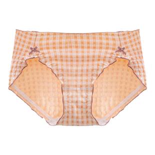 日系大码纯棉内裤女 中腰三角胖MM200斤格纹提花棉木耳边甜美少女