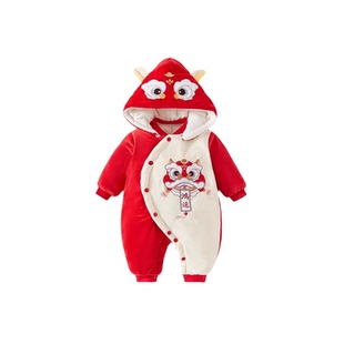 0-3岁新生儿新年服周岁服加厚260g加绒爬爬服连体衣过年衣喜庆