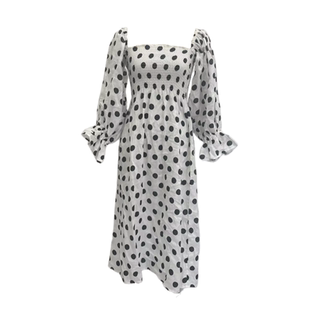 照照自制sleeper陈婧霏同款亚麻ins莫瑞系落肩复古松弛波点连衣裙