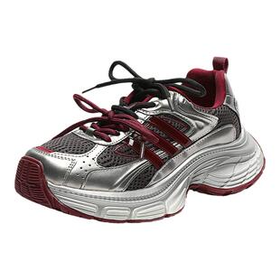 厚底老爹鞋女2025春秋季新款加绒小个子小众拼接双鞋带运动鞋