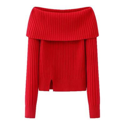 一字肩开叉长袖针织衫女上衣