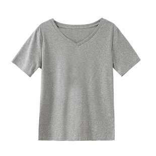灰色基本百搭款V领正肩短袖T恤女夏季亲肤宽松露锁骨内搭休闲上衣