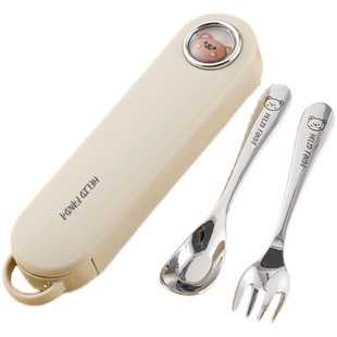 316L不锈钢勺子儿童调羹喂饭勺小学生餐叉勺元宝勺带收纳盒套装