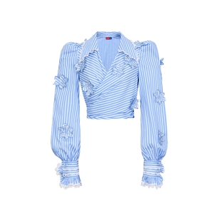 【明星同款】lefame拉飞姆2025夏航海系穿搭蓝色衬衫女式花卉