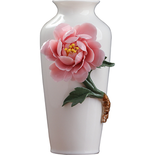中式陶瓷纯手工牡丹瓷花花瓶家居客厅插花玄关书房艺术装饰品摆件