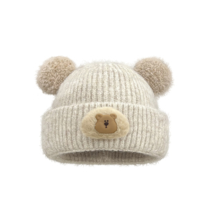 2025新款可爱卡通小熊耳朵针织毛线帽女秋冬出游显脸小保暖套头帽