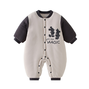 迪士尼婴儿衣服冬季外出棉服280g保暖夹棉男宝宝连体衣加厚爬服