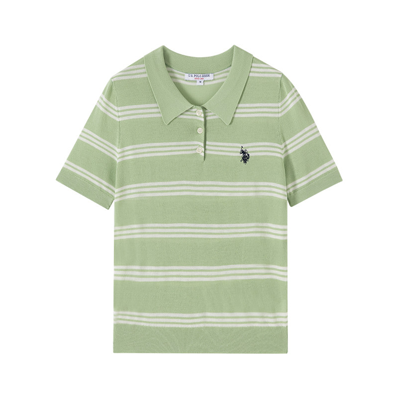 U.S. POLO ASSN.绿色条纹针织衫女polo衫夏季新款宽松t恤上衣