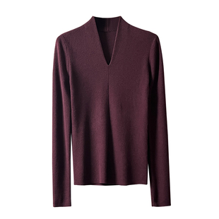 软糯极简深V领100美丽诺羊毛针织衫女长袖修身显瘦打底衫上衣百搭