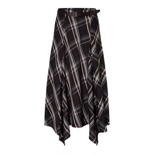 【奢定SHX】2025冬季新款灰棕格纹不规则裙摆失衡感轻摇滚半身裙