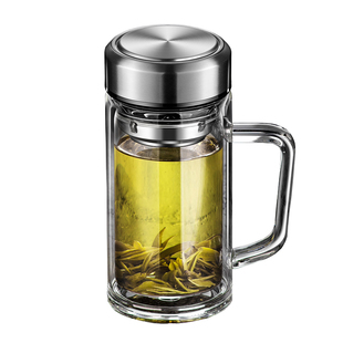 双层玻璃杯男带把办公杯茶水分离泡茶杯带盖杯大容量水杯家用杯子