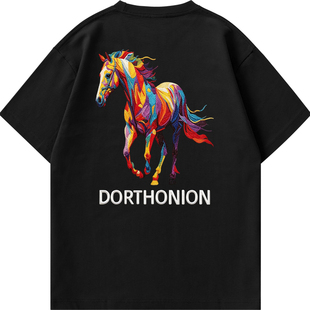 Dorthonion彩色马匹印花重磅短袖T恤男女宽松纯棉圆领潮牌上衣