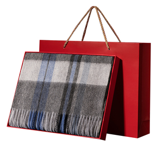 100%羊绒围巾男士秋冬新款经典黑灰格围脖送爸爸长辈外搭礼盒装