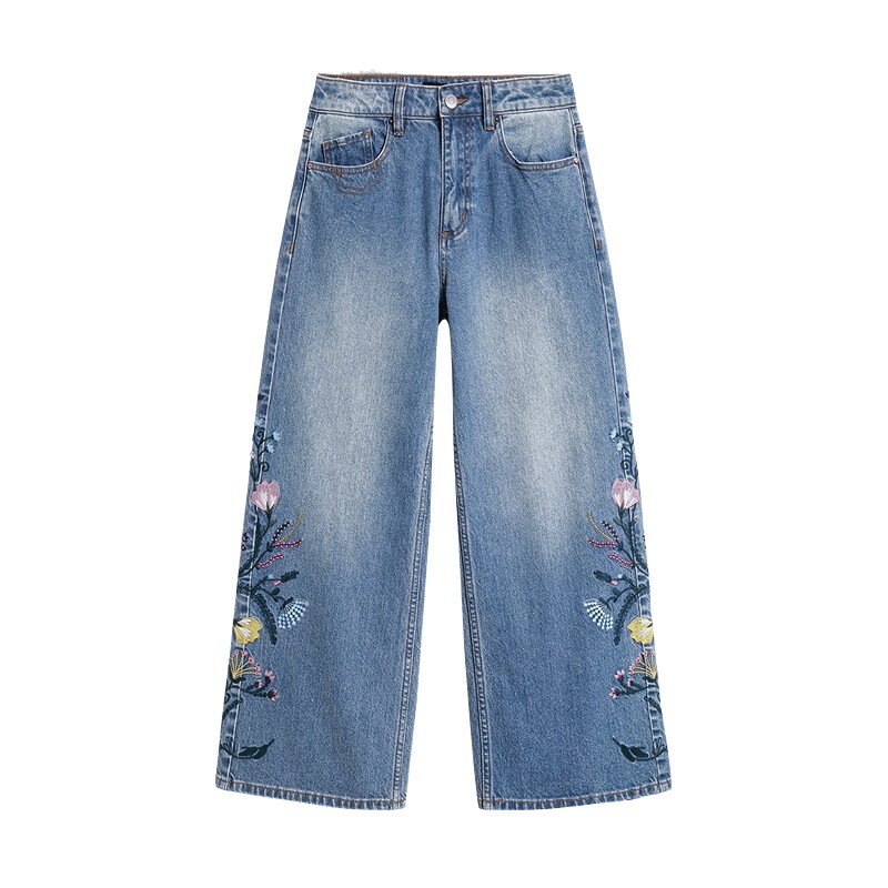 Desigual26秋冬新品彩色花卉刺绣水洗高腰阔腿女式牛仔裤