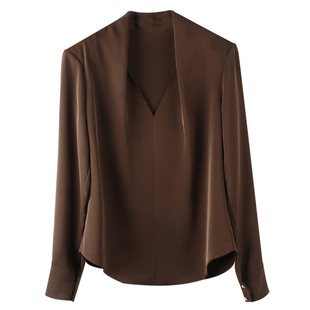 橄榄绿衬衫女设计感高级法式时尚V领高级纯色简约韩版女士衬衣