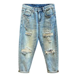 秋冬季破洞哈伦裤潮牌复古水洗牛仔裤男士宽松直筒痞帅乞丐长裤子